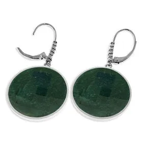 14K Solid White Gold Diamonds Leverback Earrings w/ Round Emerald Color Corundum