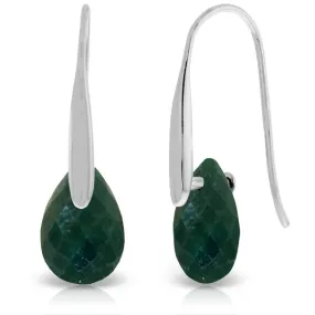 14K Solid White Gold Fish Hook Earrings w/ Dangling Briolette Emerald Color Corundum