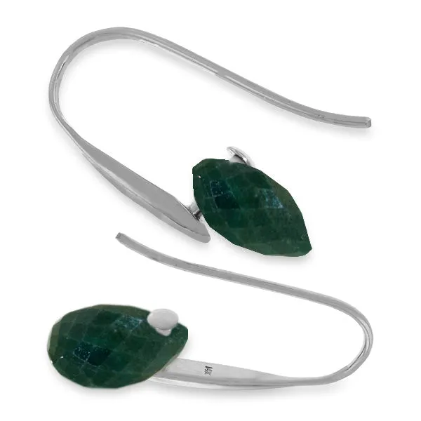 14K Solid White Gold Fish Hook Earrings w/ Dangling Briolette Emerald Color Corundum