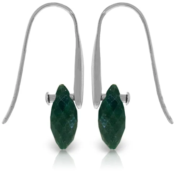 14K Solid White Gold Fish Hook Earrings w/ Dangling Briolette Emerald Color Corundum