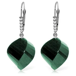 14K Solid White Gold Leverback Earrings Diamonds & Briolette Emeralds