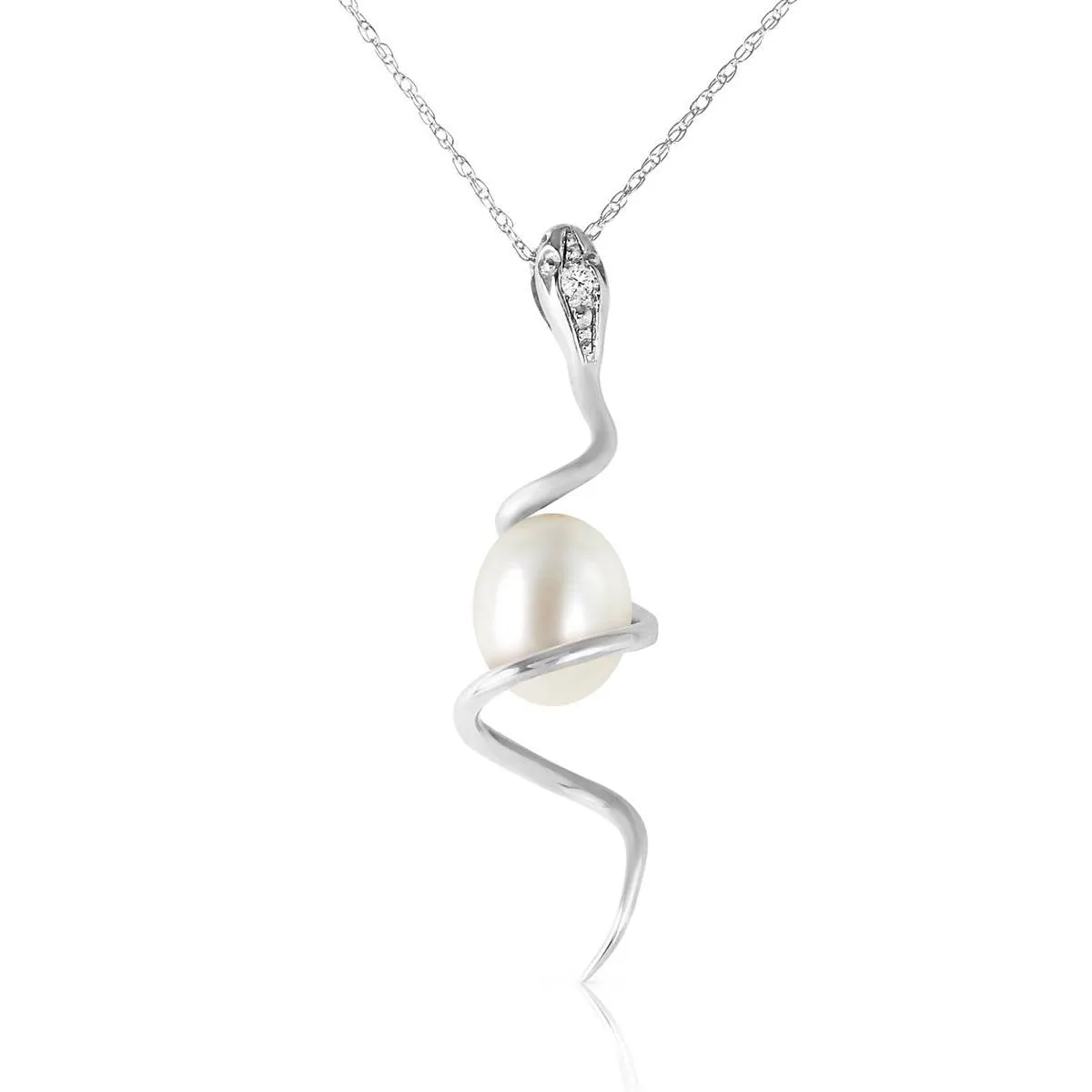 14K Solid White Gold Snake Necklace w/ Pear Shape Natural Pearl & Diamond