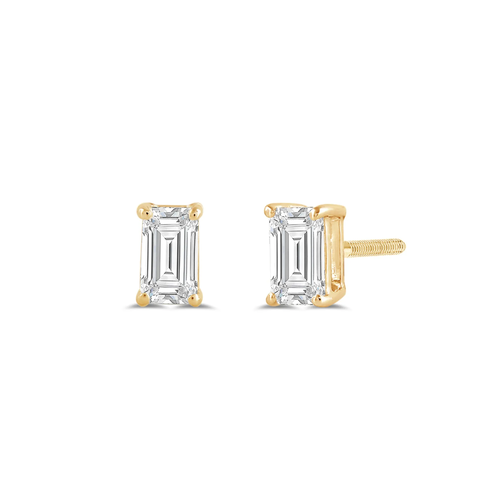 14K Solid Yellow Gold Solitaire Stud Earrings | Emerald Cut Cubic Zirconia | Screw Back Posts | 0.5 CTW | With Gift Box