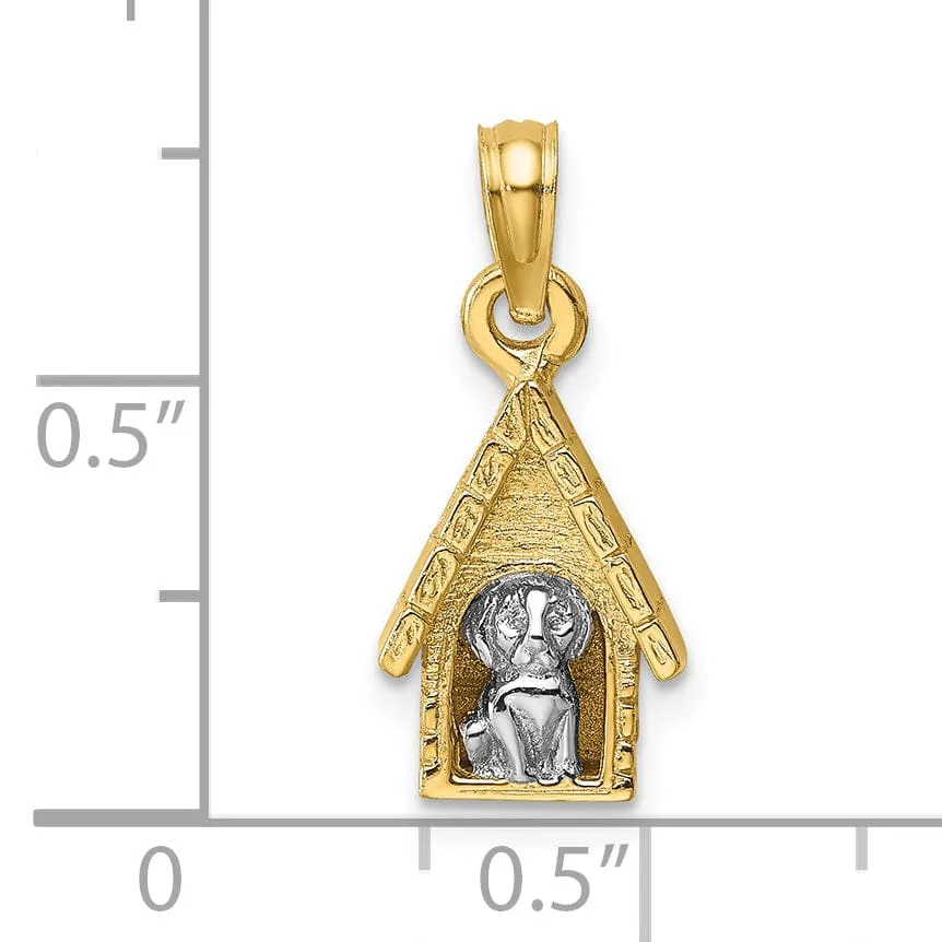 14k Two Tone Gold Textured Polished Finish 3-Diamentional Dog Inside Dog House Charm Pendant