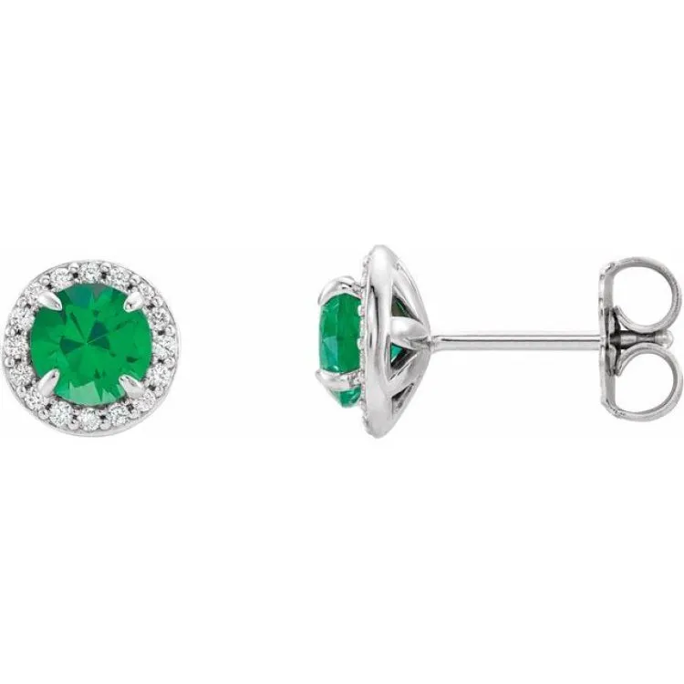 14K White 3.5 mm Round Emerald & 1/8 CTW Diamond Earrings