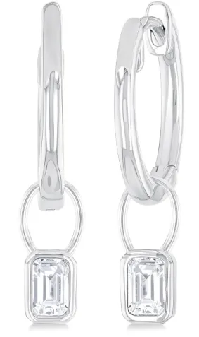 14K White Gold Bezel Set Huggie Earrings with .30 Carat TW Emerald Cut Diamonds