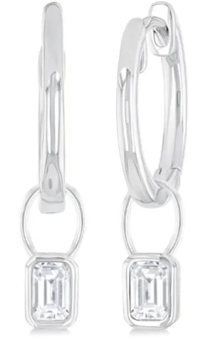 14K White Gold Bezel Set Huggie Earrings with .30 Carat TW Emerald Cut Diamonds