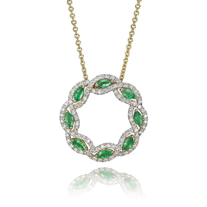 14K Yellow Gold and Diamond Emerald Halo Necklace