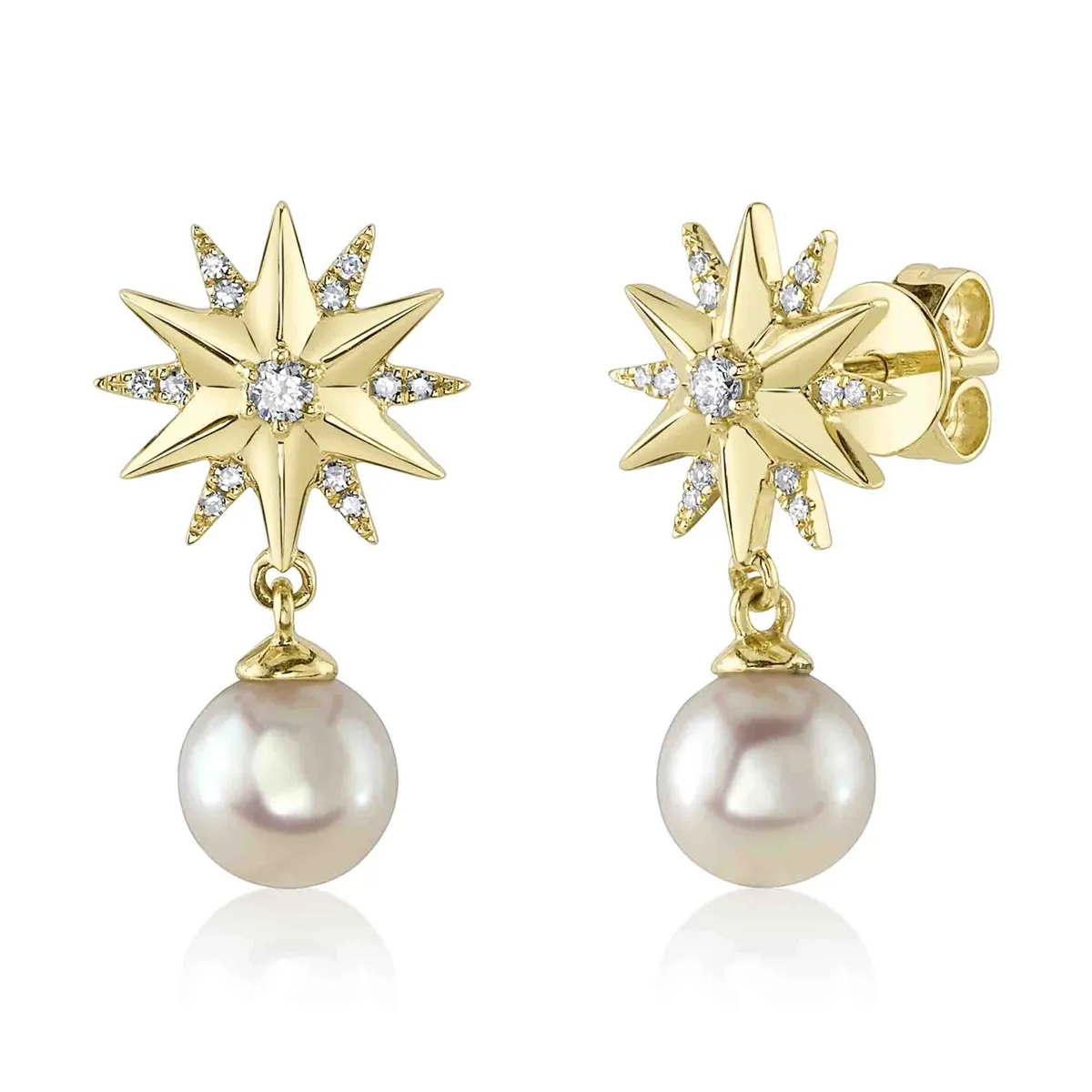 14K Yellow Gold Diamond Star and Cultured Pearl Dangle Earrings