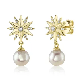 14K Yellow Gold Diamond Star and Cultured Pearl Dangle Earrings