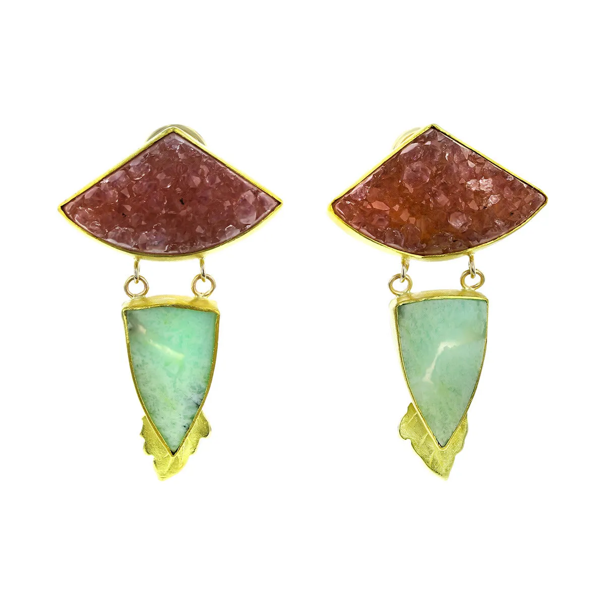 14K Yellow Gold Green and Purple Agate Drop Earrings