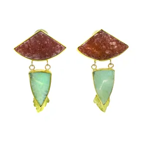 14K Yellow Gold Green and Purple Agate Drop Earrings