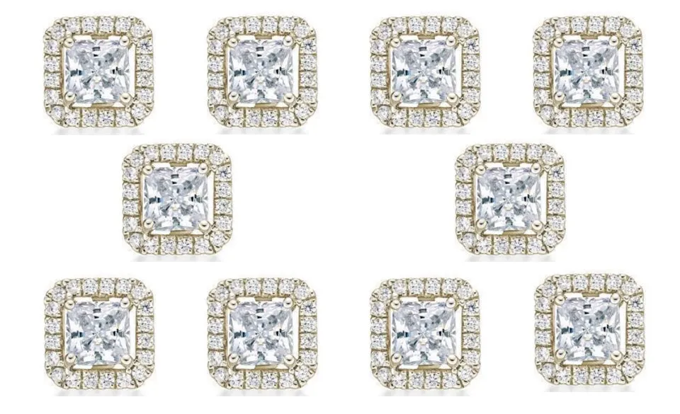 14k Yellow Gold Plated 1Ct Princess Cut White Sapphire Set of Five Halo Stud Earrings