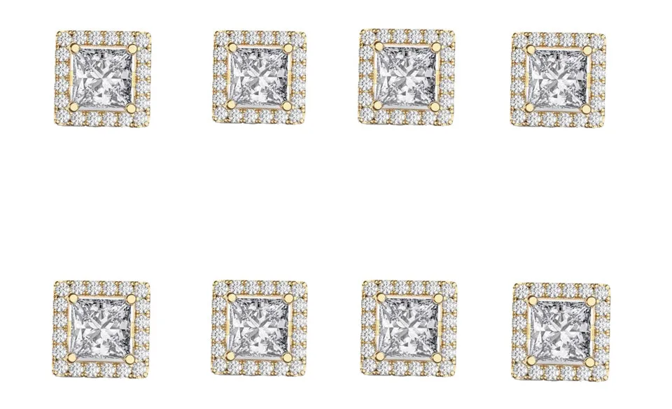 14k Yellow Gold Plated 2Ct Square Cut White Sapphire Set of Four Halo Stud Earrings