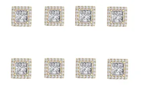 14k Yellow Gold Plated 2Ct Square Cut White Sapphire Set of Four Halo Stud Earrings