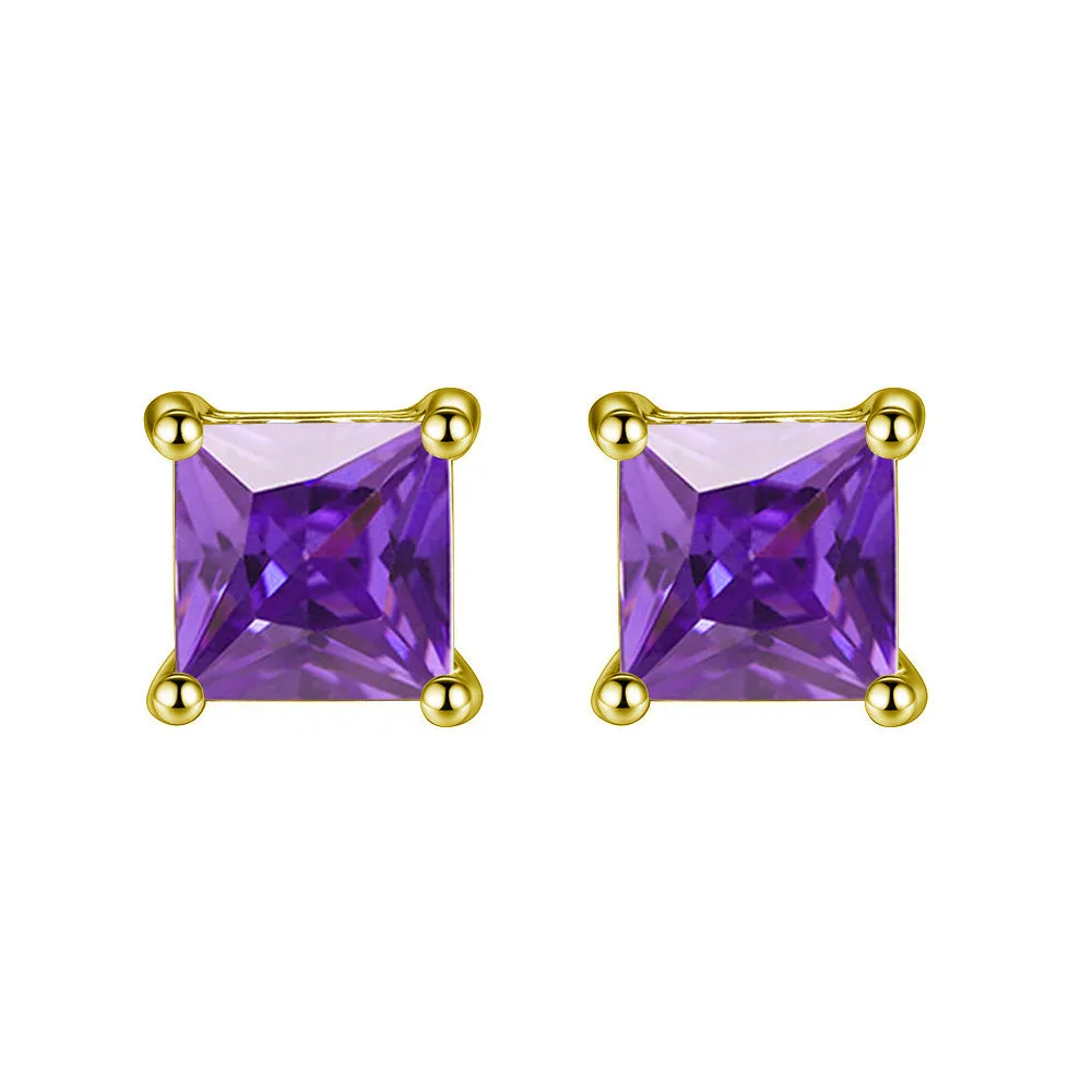 14k Yellow Gold Plated 4 Carat Princess Cut Created Amethyst Sapphire Stud Earrings