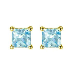 14k Yellow Gold Plated 4 Carat Square Created Blue Topaz Sapphire Stud Earrings