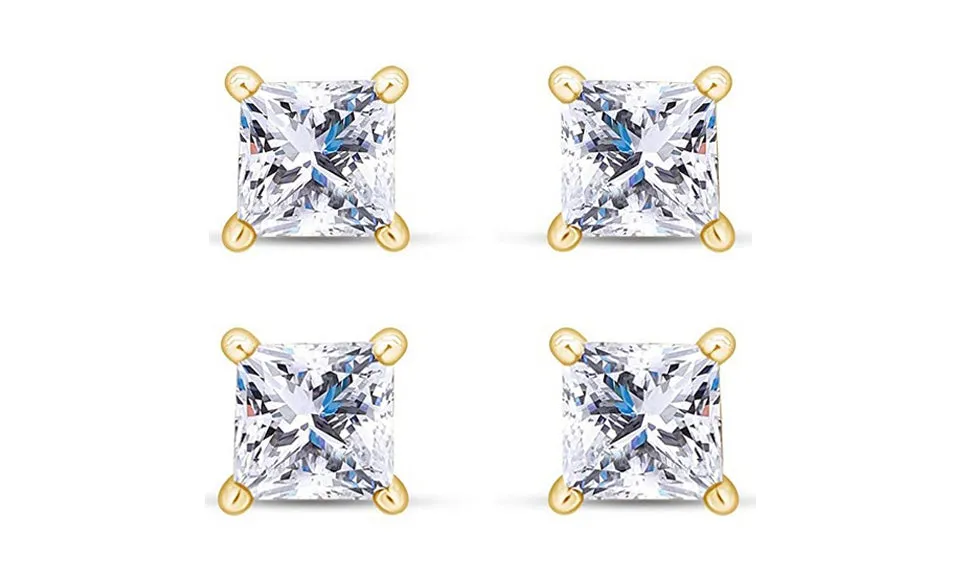 14k Yellow Gold Plated 4mm 4Ct Princess Cut White Sapphire Set Of Two Stud Earrings