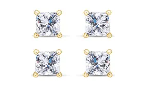 14k Yellow Gold Plated 4mm 4Ct Princess Cut White Sapphire Set Of Two Stud Earrings