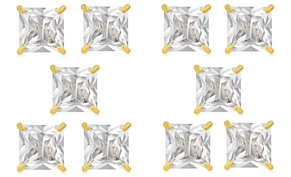 14k Yellow Gold Plated 6mm 4Ct Square Cut White Sapphire Set Of Five Stud Earrings