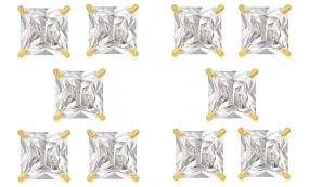 14k Yellow Gold Plated 6mm 4Ct Square Cut White Sapphire Set Of Five Stud Earrings