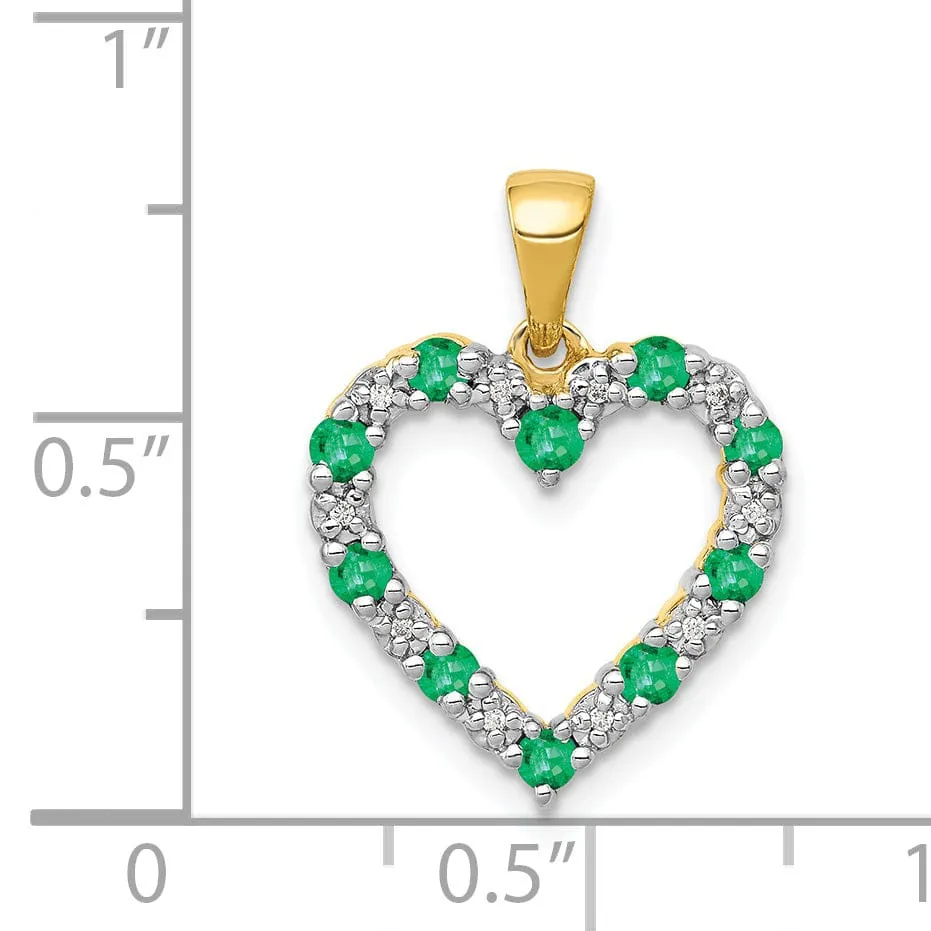 14k Yellow Gold Polished Finish Open Back 0.03-CT Diamond & 0.32-CT Emerald Heart Shape Design Charm Pendant