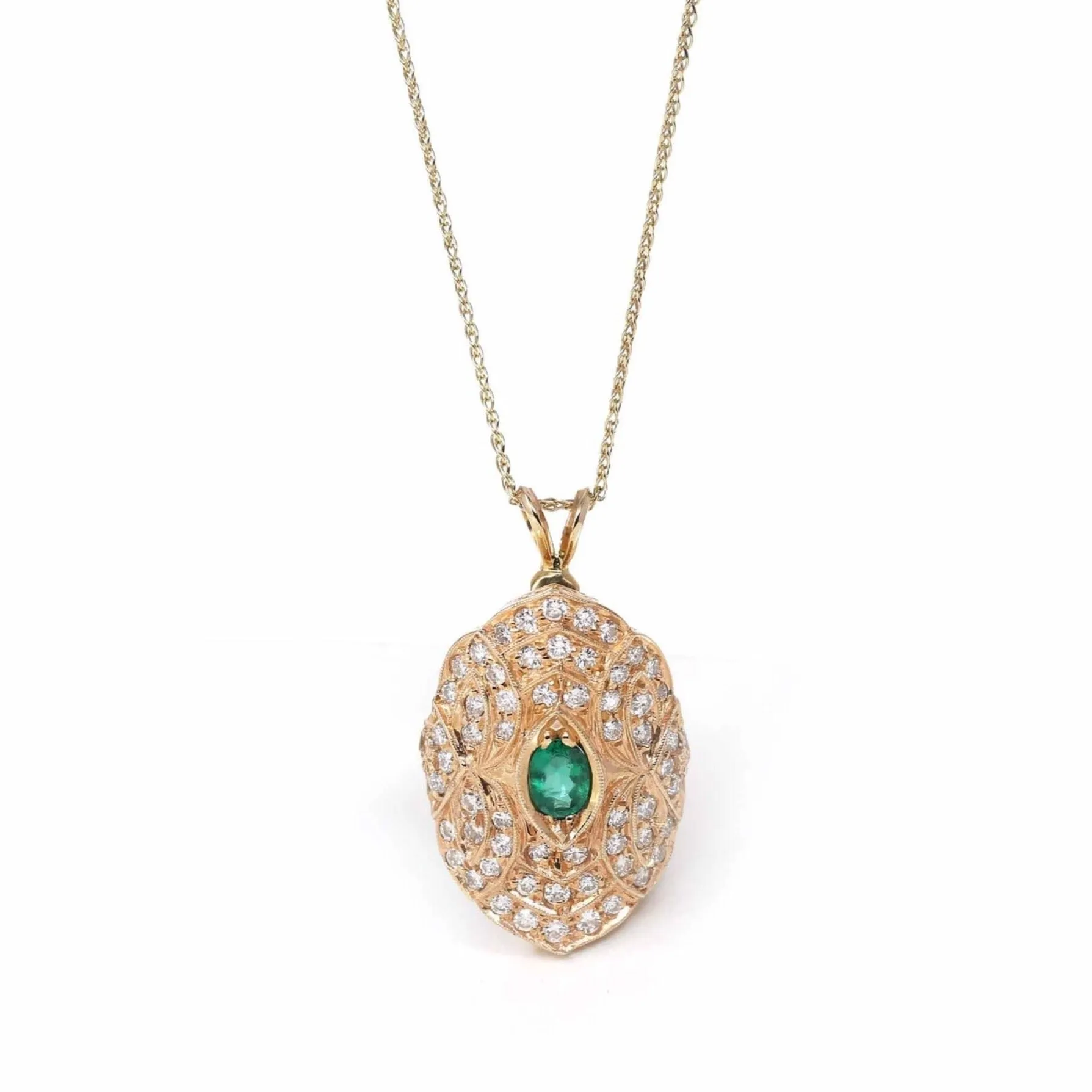 14k Yellow Gold "A" Emerald Pendant Necklace With Diamonds