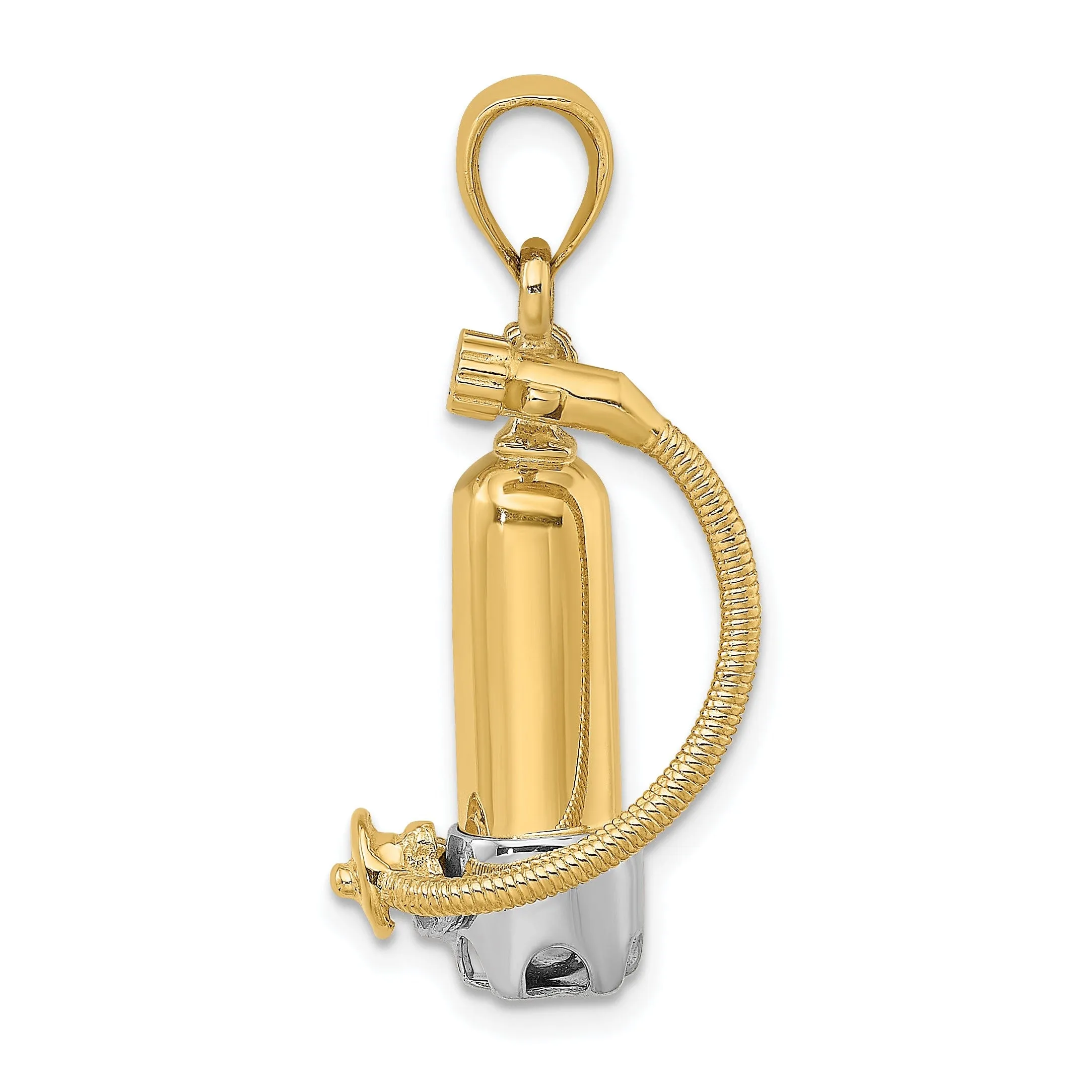 14K Yellow Gold Rhodium Polished Finish 3-Dimensional Single Scuba Tank with Hose Charm Pendant