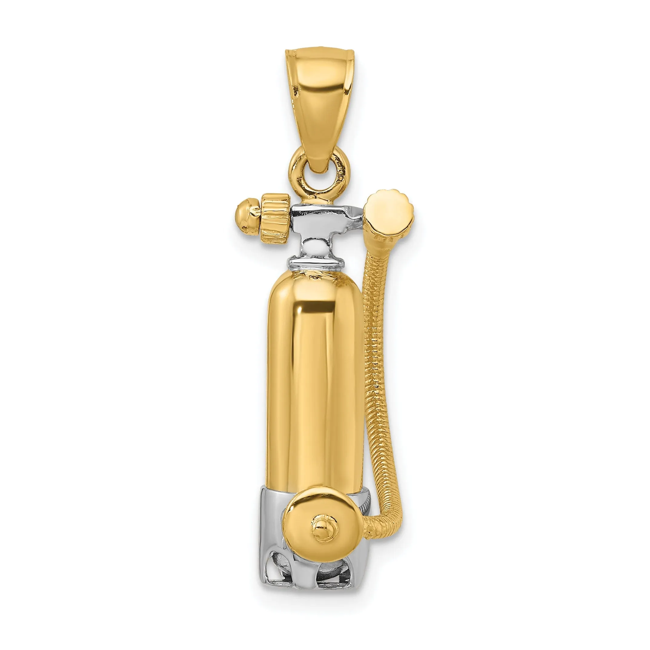 14K Yellow Gold Rhodium Polished Finish 3-Dimensional Single Scuba Tank with Hose Charm Pendant