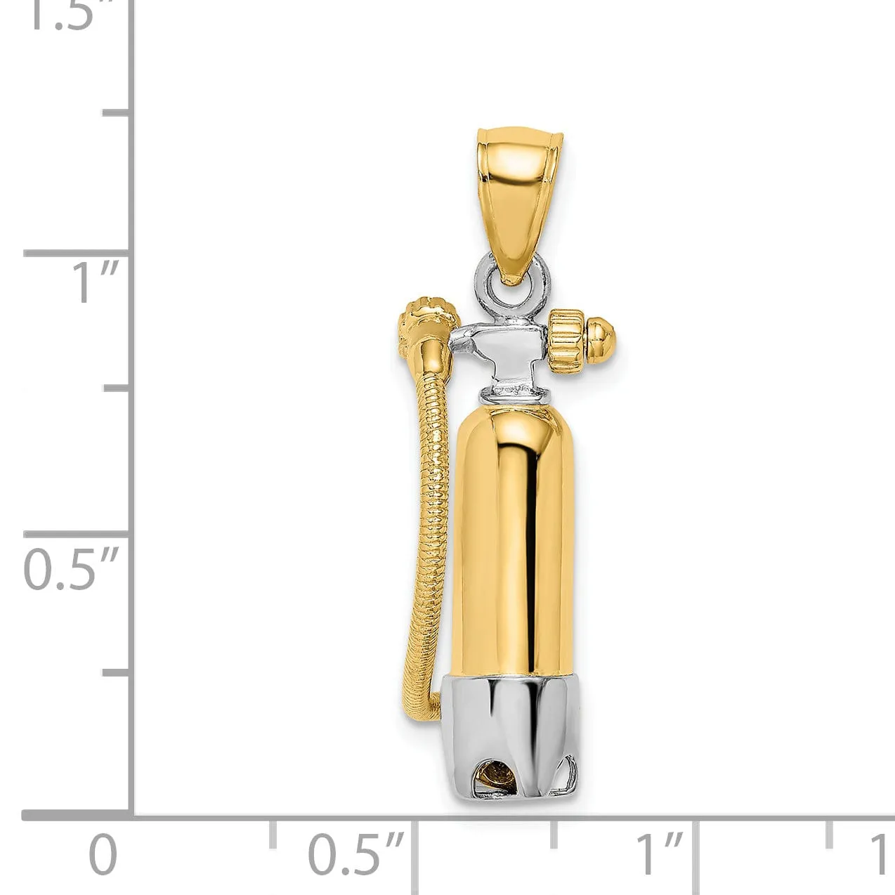 14K Yellow Gold Rhodium Polished Finish 3-Dimensional Single Scuba Tank with Hose Charm Pendant