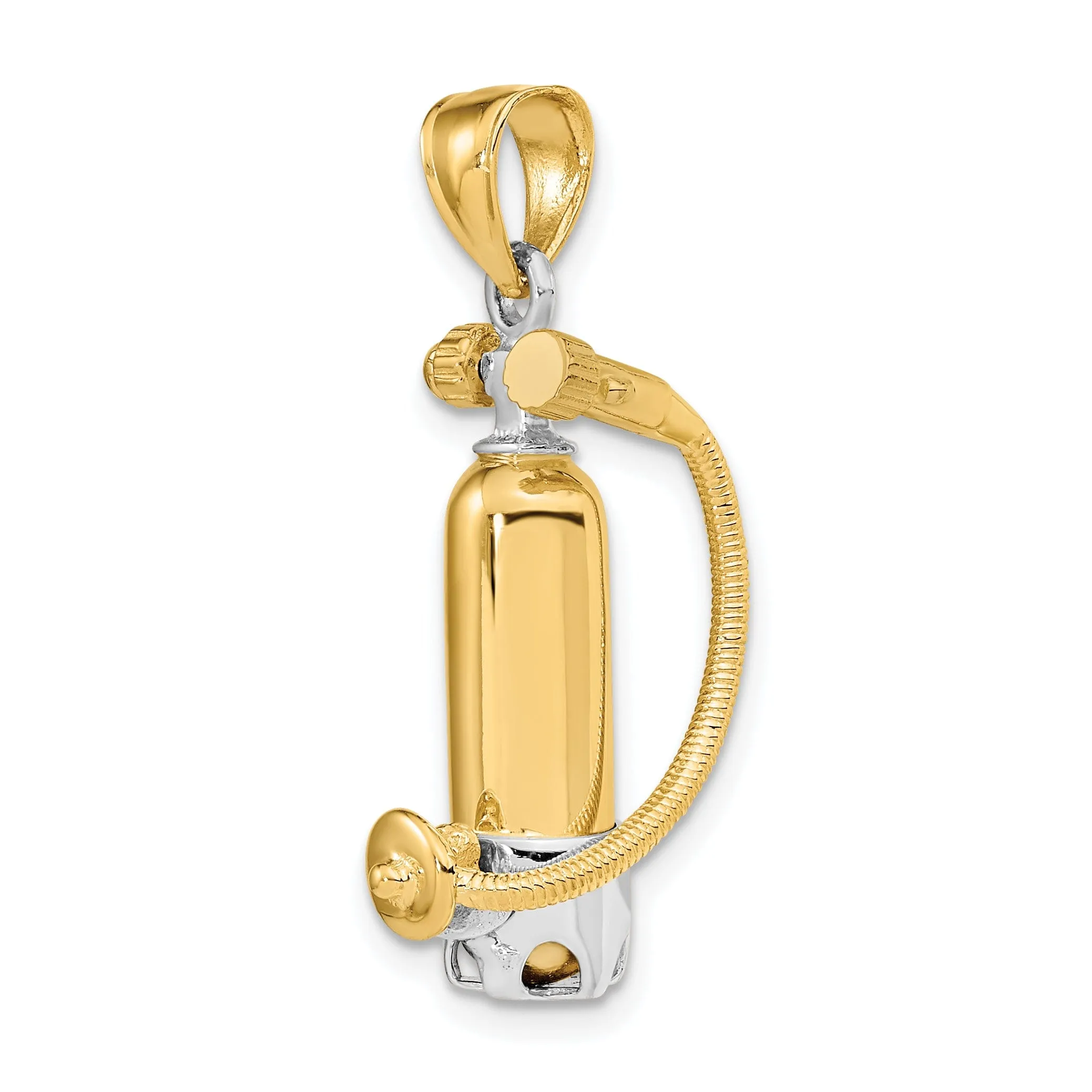 14K Yellow Gold Rhodium Polished Finish 3-Dimensional Single Scuba Tank with Hose Charm Pendant