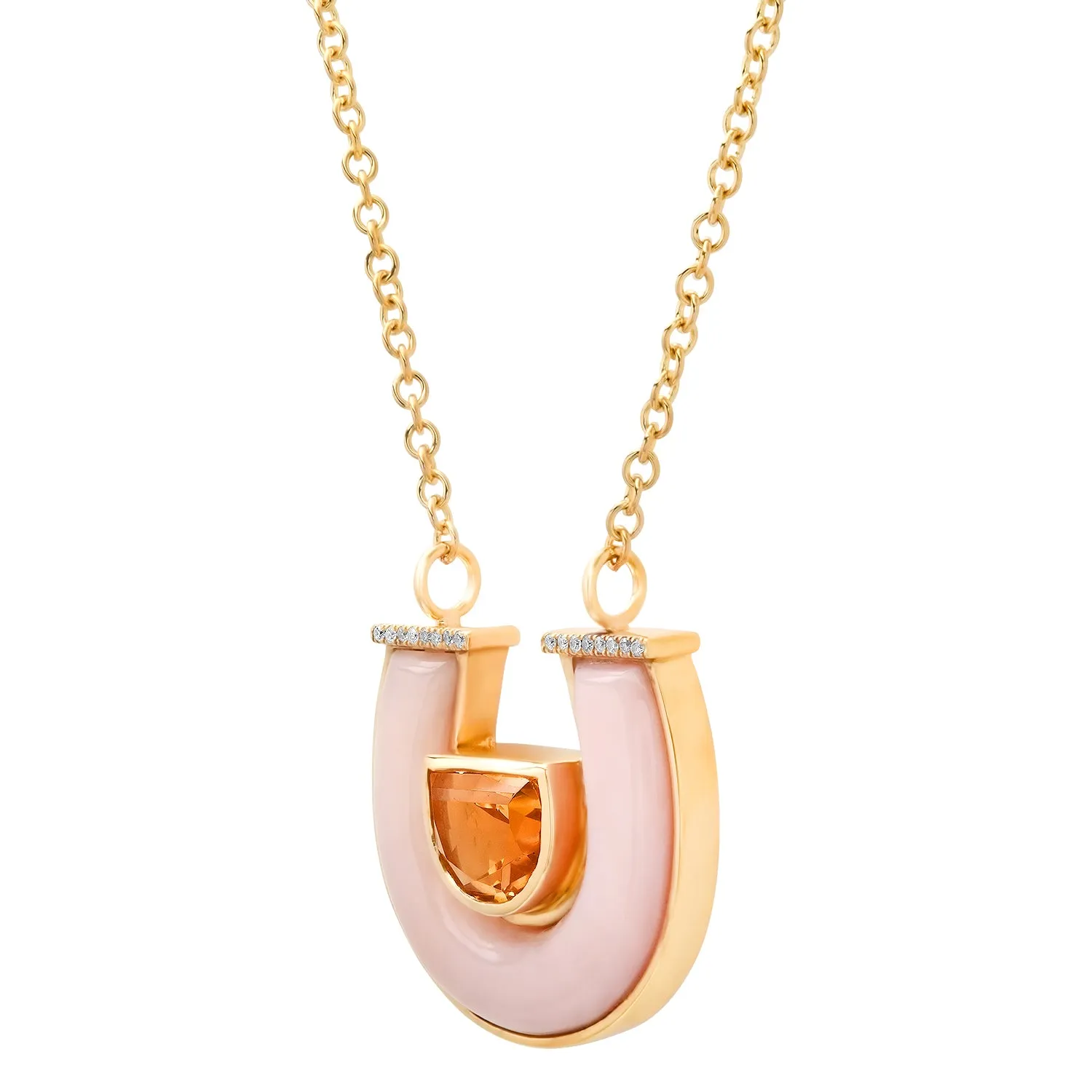 14K YG Jumbo Citrine, Pink Opal and Diamond Horseshoe Necklace