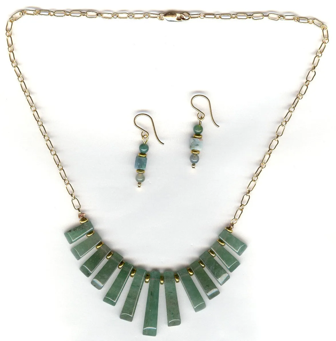 14kt GF Necklace & Earrings Set Green Aventurine Cleopatra Nile OOAK Beaded Necklace Set 14kt Gold Filled Earrings