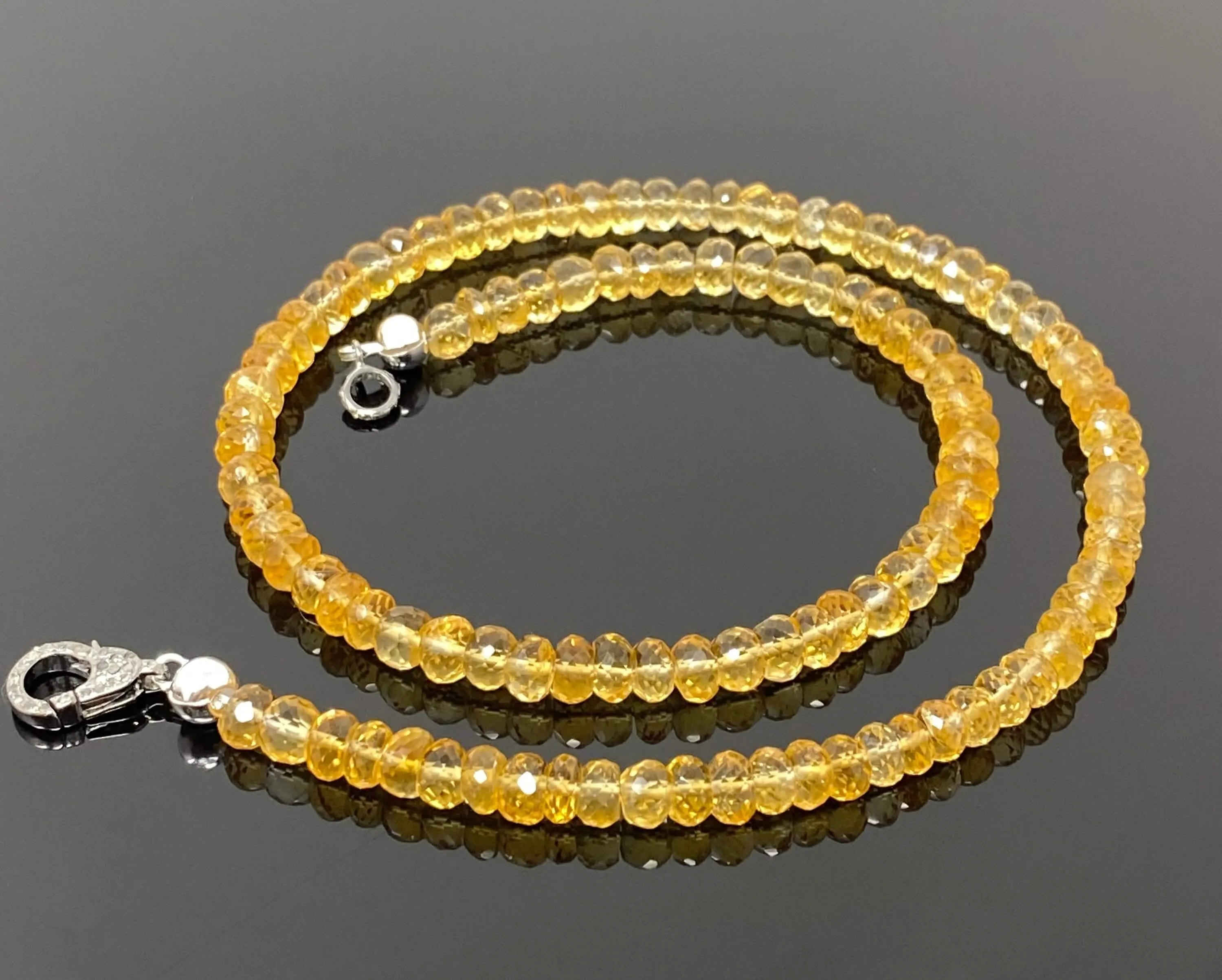 17.65” Handmade Natural Citrine Beaded Necklace with Pave Diamond Clasp