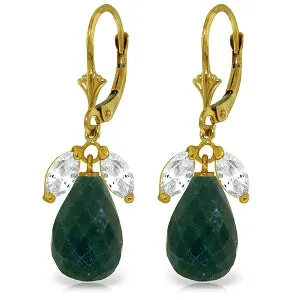 18.6 Carat 14K Solid Yellow Gold Leverback Earrings Emerald White Topaz