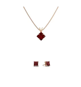 18K Rose Gold 2ct Ruby Square 18 Inch Necklace and Earrings Set Plated