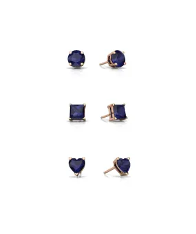 18k Rose Gold Plated 4Cttw Created Blue Sapphire 3 Pair Round, Square and Heart Stud Earrings