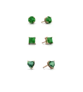 18k Rose Gold Plated 6mm Created Emerald 3 Pair Round, Square and Heart Stud Earrings