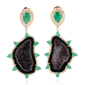 18K Rose Gold Uneven Geode Pear Cut Emerald Prong Diamond Dangler Earrings For Women By Mettlle