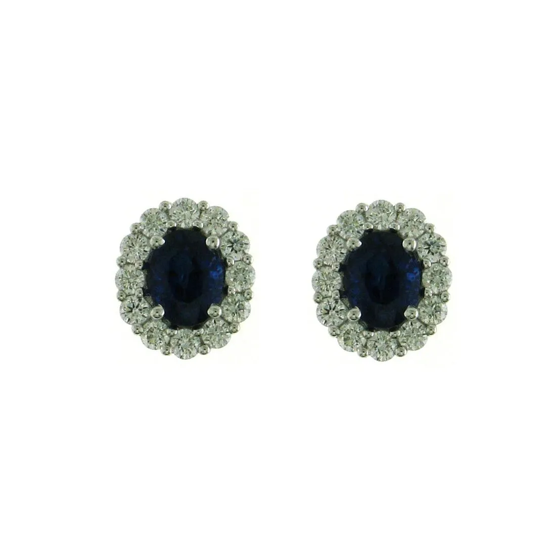 18K White Gold Oval Sapphire with Diamond Halo Stud Earrings