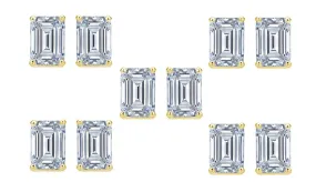 18k Yellow Gold 1/2Ct Emerald Cut White Sapphire Set Of Five Stud Earrings Plated