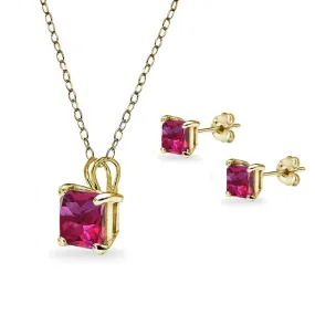 18K Yellow Gold 2ct Ruby Square 18 Inch Necklace and Earrings Set Plated