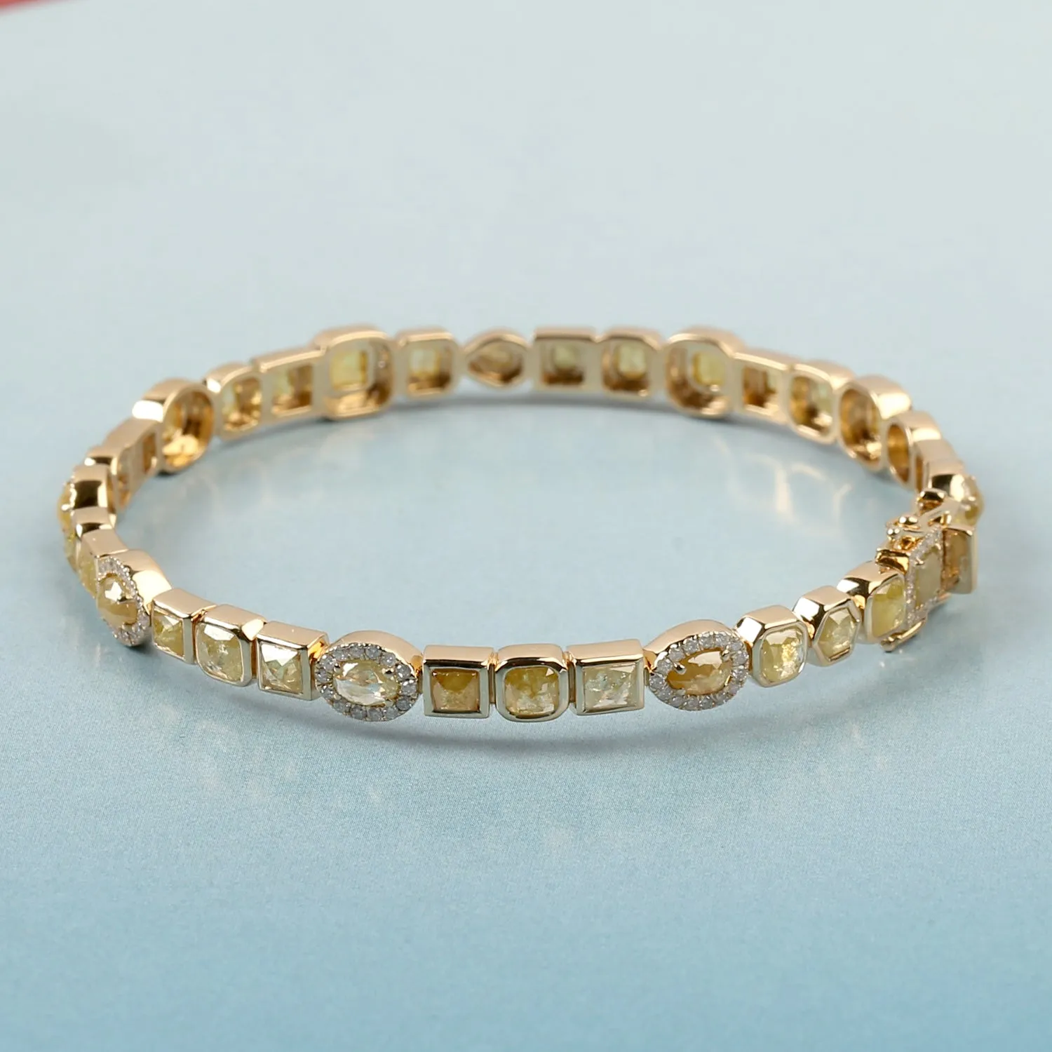 18k Yellow Gold Bezel Set Ice Diamond Bangle Bracelet Handmade Women's Jewelry