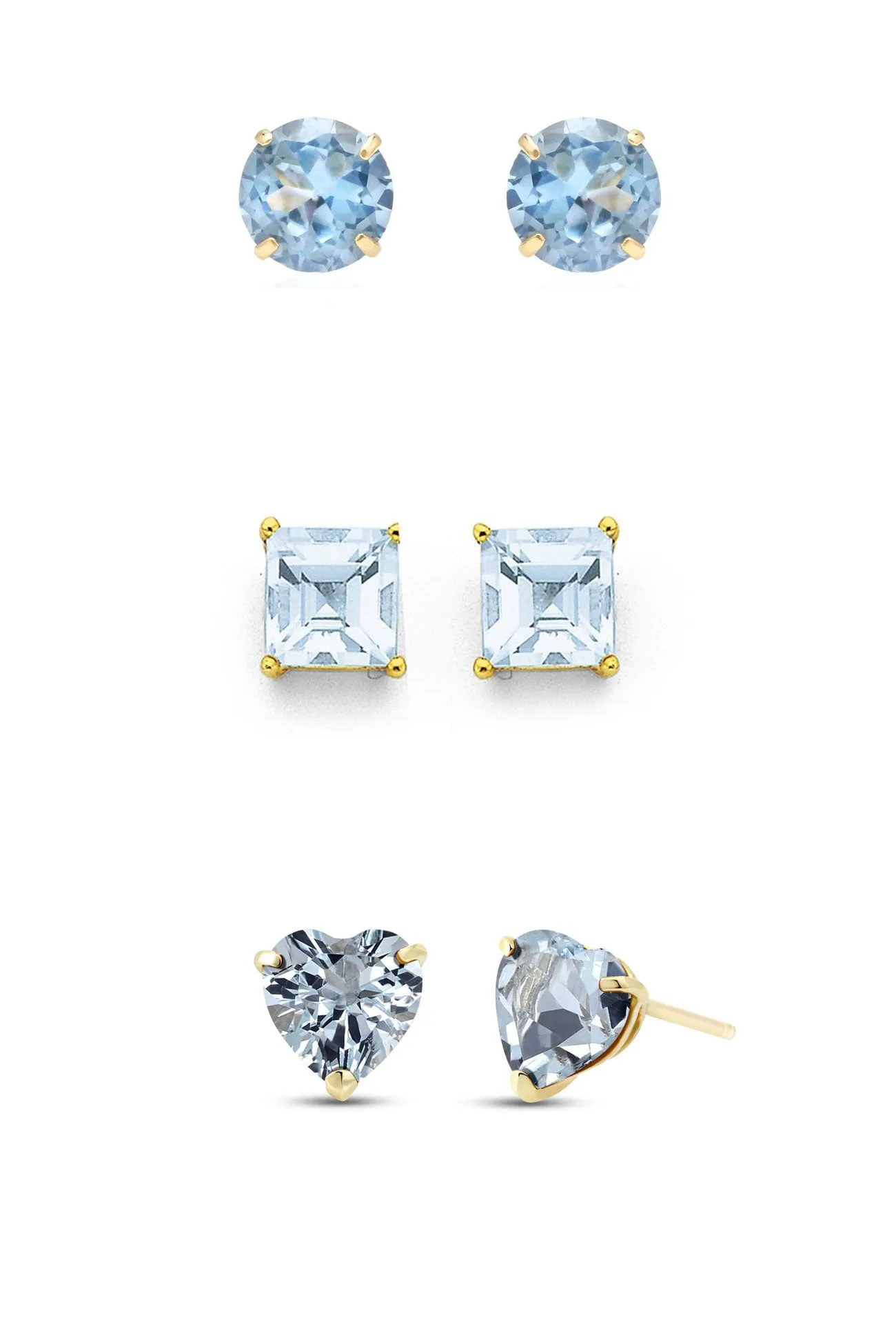 18k Yellow Gold Plated 1/4Cttw 4mm Created Aquamarine 3 Pair Round, Square and Heart Stud Earrings