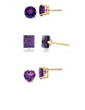 18k Yellow Gold Plated 1Cttw 7mm Created Amethyst 3 Pair Round, Square and Heart Stud Earrings