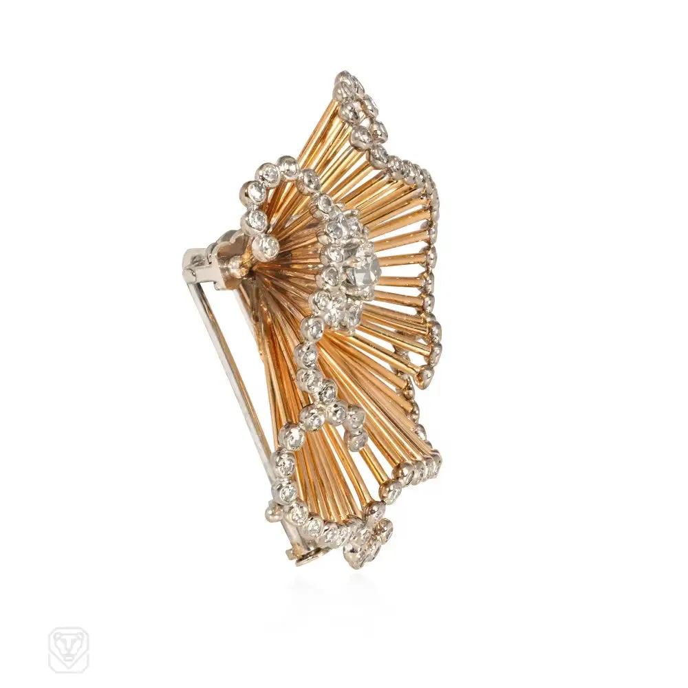 1950s Tiffany gold and diamond scroll brooch