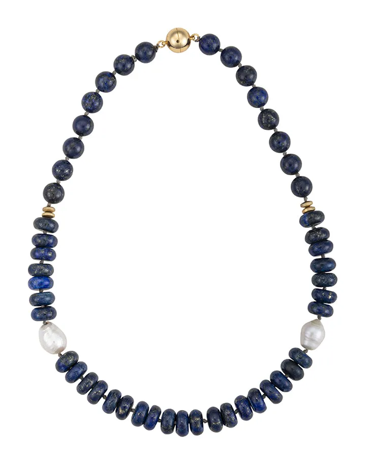 19" Lapis, Gold Hematite and Freshwater Edison Pearl Necklace