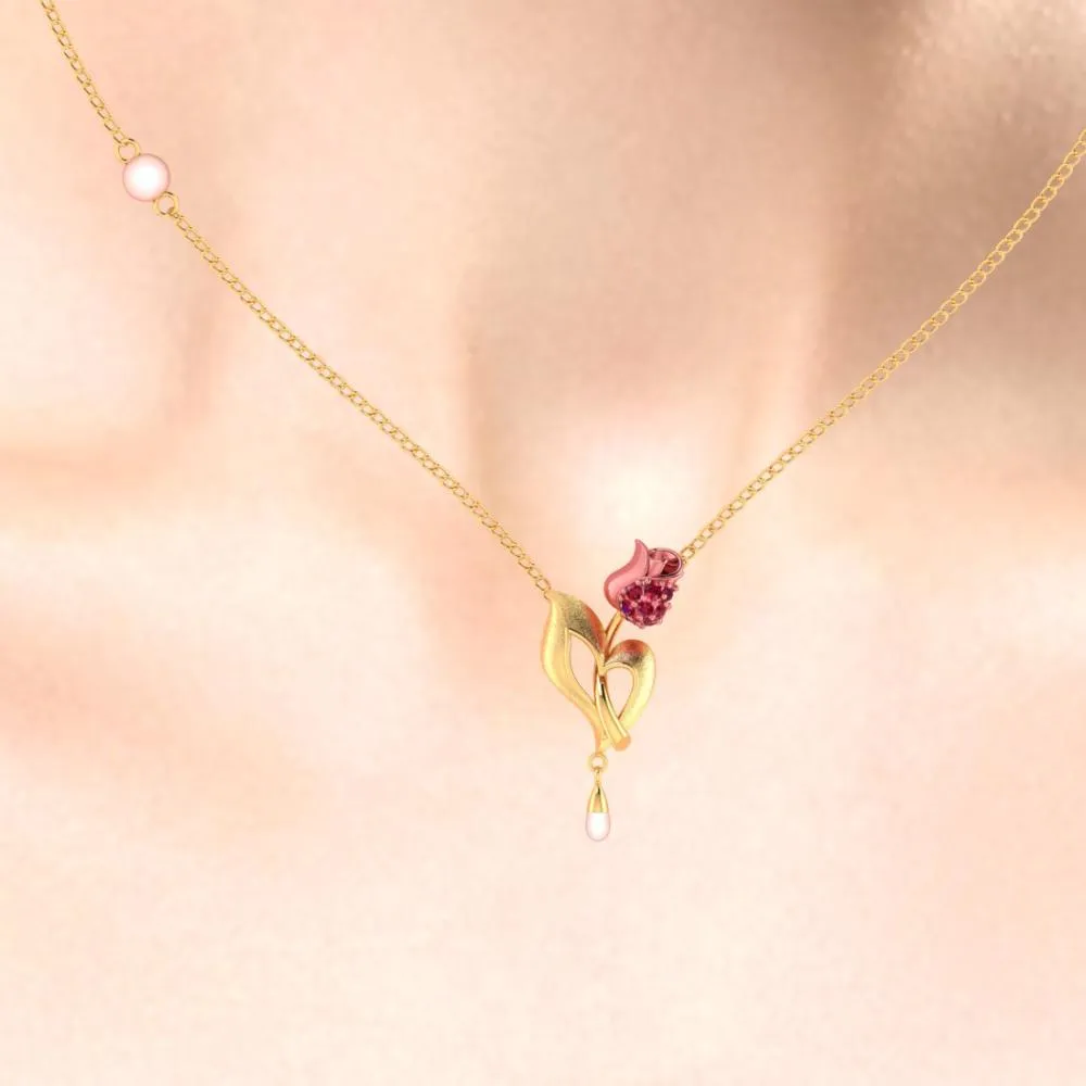 22k Gold Necklace With A Yellow Flower Motif And A Pearl Drop