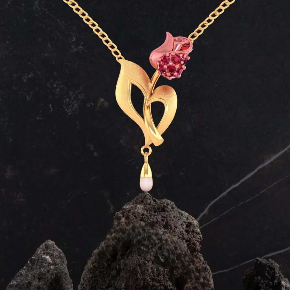 22k Gold Necklace With A Yellow Flower Motif And A Pearl Drop