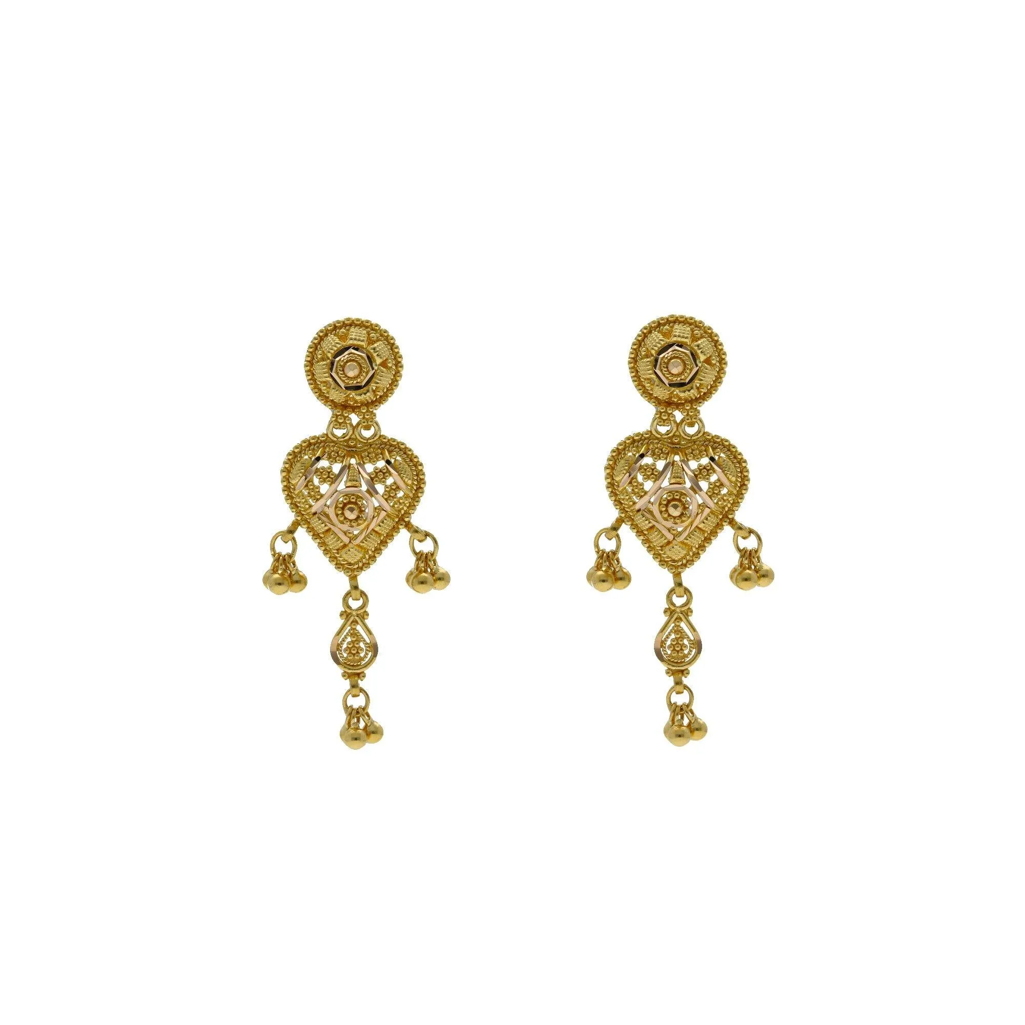 22K Yellow Gold Pendant & Earrings Set W/ Spindle Frame, Filigree & Drop Gold Balls